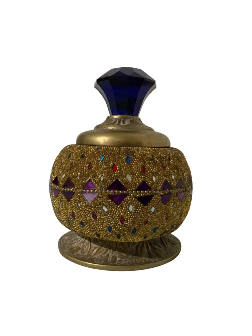 Vintage Gold And Jewel-Tone Mosaic Decorative Trinket Box With Blue Faceted Lid